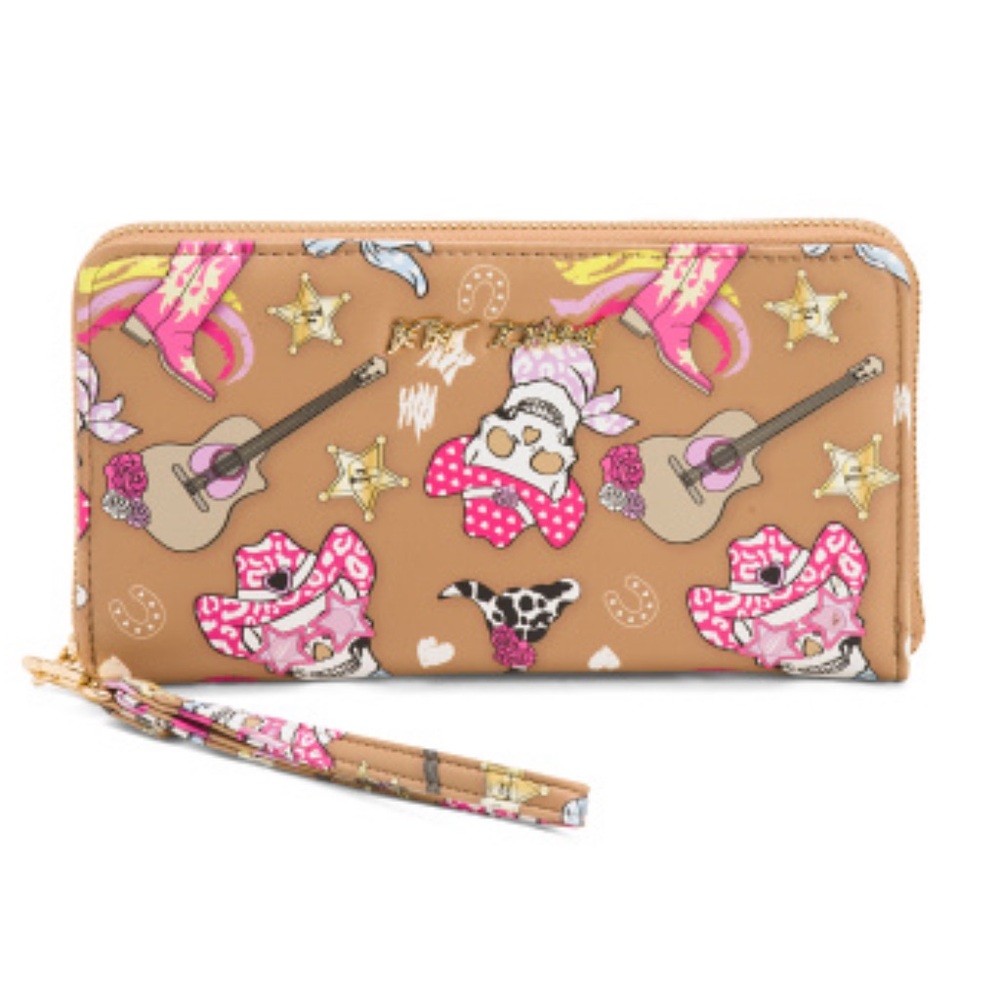 NEW Betsey Johnson XOZIPP-P Cowboy Skull Guitar Zip Around Wristlet In Brown